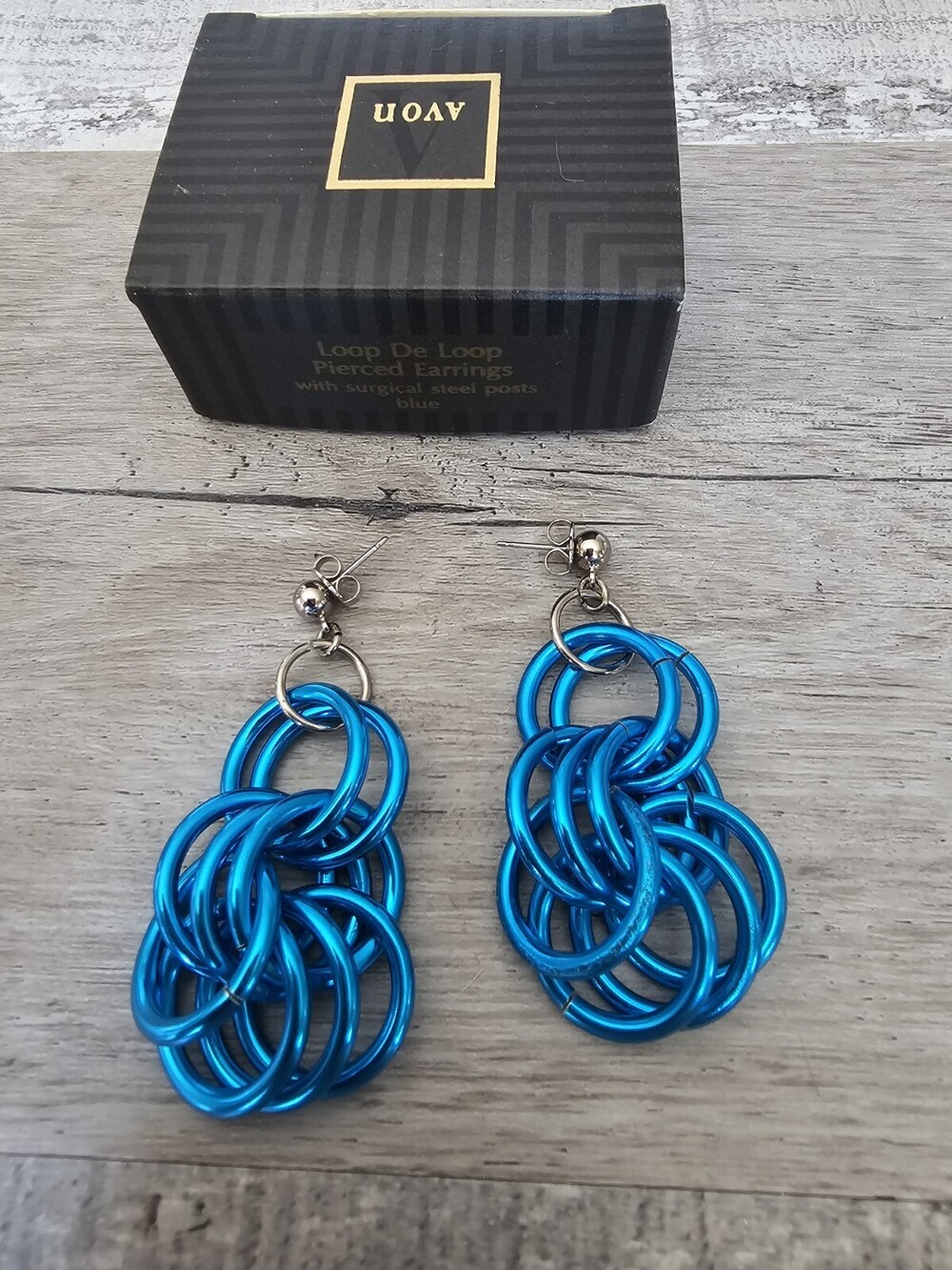 Vintage 1990s Avon Boho Blue Aluminum Circle Dangle Pierced Earrings NOS